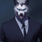  ai_generated black_suit blue_eyes business_suit canid canine canis clothing fur male mammal necktie open_mouth portrait signature suit white_body white_fur wolf 