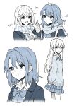  2girls absurdres adachi_sakura adachi_to_shimamura hair_ornament highres leaf leaf_on_head looking_at_another moke_(gaton) monochrome multiple_girls scarf school_uniform shimamura_hougetsu smile upper_body 