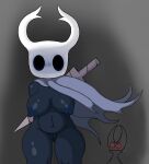  anthro arthropod black_body breasts cloak clothing female genitals hollow_knight horn hornet_(hollow_knight) nipples poraka7 protagonist_(hollow_knight) pussy team_cherry thick_thighs vessel_(species) video_games weapon 