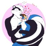  anthro blush dialogue dominant dominant_male duo embrace fur hi_res hug kissing kissing_cheek kissing_sound_effect larger_male looney_tunes male male/male mammal mephitid multicolored_body multicolored_fur neon_lion on_lap pep&eacute;_le_pew sitting_on_lap size_difference skunk smaller_male submissive submissive_male warner_brothers wrapping_tails 
