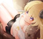  absurdres armchair black_shorts blonde_hair blush breasts chair cleavage denim denim_shorts eating from_above highres hololive horns looking_at_viewer medium_breasts plump purple_eyes samehada0107 shirt shorts skindentation sunlight t-shirt thick_thighs thighs tight torn_clothes torn_shorts tsunomaki_watame undersized_clothes virtual_youtuber white_shirt 