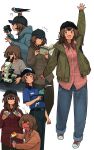  1girl :d ? ^_^ animal_on_head baseball_cap binoculars bird bird_on_head blue_hoodie blush book broken_cup brown_eyes brown_hair brown_jacket closed_eyes closed_mouth denim drunk full-face_blush green_jacket hat highres holding holding_binoculars holding_book hood hoodie jacket jeans light_blush looking_at_viewer medium_hair microscope multiple_views natsuno_kanasemi notice_lines on_head open_mouth original pants ponytail shaded_face simple_background smile spilling staring uniform waving white_background 