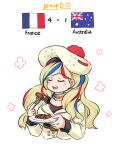  1girl 2022_fifa_world_cup australian_flag bangs blonde_hair blue_hair blush check_commentary closed_eyes closed_mouth commandant_teste_(kancolle) commentary_request cropped_torso eating food french_flag holding holding_plate kantai_collection long_hair long_sleeves meat multicolored_hair open_mouth plate red_hair scarf simple_background solo streaked_hair suda_(yuunagi_enikki) upper_body white_background white_hair world_cup 