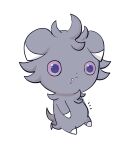  big_belly cat chirosamu closed_mouth commentary_request espurr food food_on_face full_body grey_fur highres notice_lines pokemon simple_background sparkling_eyes white_background 