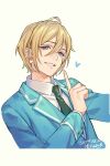  1boy ahoge aqua_jacket artist_name blue_eyes collared_shirt dated ensemble_stars! green_necktie grin hair_between_eyes heart ichiko_milk_tei jacket long_sleeves looking_at_viewer male_focus necktie parted_lips pointing portrait shirt short_hair smile solo suit_jacket tenshouin_eichi white_shirt 