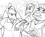  anthro apron clothed clothing dinosaur dress_shirt facial_hair group hair half-closed_eyes hat headgear headwear hi_res long_snout looking_at_viewer male moe_(snoot_game) monochrome mustache narrowed_eyes pterodactylus pterosaur reptile ripley_(snoot_game) scalie shirt sketch snoot_game_(fan_game) snout taxi_driver_(snootgame) the_sopranos theropod topwear trio tyrannosaurid tyrannosaurus unknown_artist 