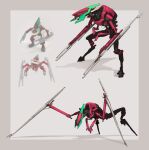 4_fingers all_fours ambiguous_gender armor bionicle digital_drawing_(artwork) digital_media_(artwork) fingers green_eyes hi_res humanoid hunched_over lego machine mouthless not_furry pointed_feet red_body robot robot_humanoid rube simple_background standing vahki weapon 