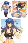  ! !! 2girls alternate_costume black_choker black_headwear blue_eyes blue_hair blue_nails blue_skirt bra breasts character_name choker cleavage earrings english_commentary flying_sweatdrops food fruit heart highres hinanawi_tenshi jewelry large_breasts leaf long_hair long_sleeves looking_at_viewer medium_breasts meme_attire mole mole_under_eye multiple_girls navel orange_bra pantyhose peach red_eyes skirt sleeves_past_fingers sleeves_past_wrists tank_top tomatolover16 touhou underwear virgin_killer_sweater yorigami_shion 