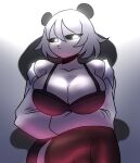  anthro big_breasts black_nose black_sclera bo_(voideyedpanda) bottomwear bra breasts cleavage clothed clothing crossed_arms crossed_legs female hair hi_res looking_at_viewer mammal mouth_closed open_clothing open_shirt open_topwear shirt short_hair sitting skirt solo thick_thighs topwear underwear ursid voideyedpanda white_body white_eyes white_hair 