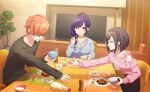  1boy 2girls asahina_mafuyu blue_cardigan bowl brother_and_sister brown_hair cardigan colorful_palette dining_room dinner eating food highres holding holding_bowl indoors jirai_kei multicolored_hair multiple_girls negai_wa_itsuka_asa_o_koete_(project_sekai) official_art orange_hair pink_shirt project_sekai purple_hair rice shinonome_akito shinonome_ena shirt siblings streaked_hair table television third-party_source 