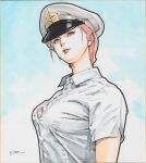  1girl blue_background breasts brown_eyes collared_shirt grey_headwear gundam hair_behind_ear hat head_tilt highres looking_up matilda_ajan medium_breasts military_hat mobile_suit_gundam parted_lips pink_hair shikishi shirt short_hair signature solo toweling3 traditional_media upper_body white_shirt 