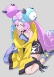  1girl absurdres bare_shoulders blue_hair bow-shaped_hair commentary_request criss-cross_halter eyes_visible_through_hair grey_background halterneck hexagon_print high_heels highres iono_(pokemon) jacket light_blue_hair long_sleeves looking_at_viewer multicolored_hair oversized_clothes pink_eyes pink_hair pokemon pokemon_(game) pokemon_sv simple_background single_leg_pantyhose sitting sleeves_past_fingers sleeves_past_wrists solo split-color_hair sweat tanabe_(fueisei) two-tone_hair very_long_sleeves wariza yellow_jacket 