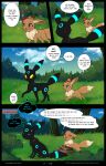  canid canine canis comic dialogue eating eevee eeveelution english_text feral generation_1_pokemon generation_2_pokemon grass hi_res kilin_(rukifox) kiwi_(rukifox) mammal nintendo open_mouth outside paws plant pokemon pokemon_(species) ribbons rukifox scar shiny_pokemon speech_bubble text umbreon video_games walking yellow_eyes 