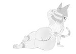  2022 3_toes animal_crossing ankha_(animal_crossing) anthro big_butt bottomless butt clothed clothing domestic_cat feet felid feline felis female full-length_portrait greyscale hand_behind_head hi_res looking_at_viewer looking_back looking_back_at_viewer mammal monochrome nintendo pawpads portrait rear_view simple_background soles solo toes video_games white_background xu53r 