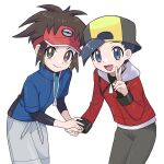  2boys :d backwards_hat baseball_cap black_hair blue_jacket bright_pupils brown_eyes brown_hair commentary_request ethan_(pokemon) grey_eyes grey_pants hand_up hat highres holding_hands jacket leaning_forward looking_at_viewer male_focus multiple_boys nate_(pokemon) open_mouth pants pokemon pokemon_(game) pokemon_bw2 pokemon_hgss red_headwear red_jacket sana_(37pisana) short_hair smile v visor_cap white_background white_pupils zipper_pull_tab 