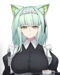 1girl absurdres animal_ear_fluff animal_ears aqua_hair arknights bangs black_dress blunt_bangs breasts bright_pupils cat_ears closed_mouth cup dress green_eyes highres kal&#039;tsit_(arknights) large_breasts looking_at_viewer maid maid_headdress official_alternate_costume rikuguma solo tea teacup tray upper_body 