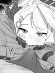  1boy 1girl blue_archive blush bulge demon_horns erection erection_under_clothes gloves greyscale hair_ornament hairclip halo havilaladlf hetero highres hina_(blue_archive) horns looking_at_viewer monochrome pants pov solo_focus unzipping zipper_pull_tab 