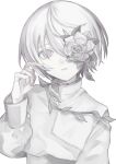 1boy absurdres closed_mouth eyepatch flower flower_eyepatch highres long_sleeves looking_at_viewer male_focus original shirt short_hair solo white_background white_eyes white_flower white_hair white_shirt white_theme ylu 