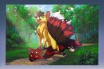  adelar_elric canid canine canis dominant dominant_female duo female feral fox from_front_position fur lying mammal multi_tail nipples on_front outside pushing_down red_body red_fur standing_on_another victory_position wolf yellow_body yellow_fur 