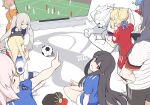  2022 2022_fifa_world_cup 2boys 6+girls :d artoria_pendragon_(fate) ball bangs black_hair black_headwear black_shorts blonde_hair blue_shirt braid breasts brown_hair clenched_teeth colored_skin fate/grand_order fate_(series) furry furry_male glasses grin lion_boy long_hair multiple_boys multiple_girls muscular muscular_male open_mouth orange_shirt pointing red_eyes reines_el-melloi_archisorte saber shirt shiseki_hirame short_sleeves shorts small_breasts smile soccer soccer_ball teeth television twintails van_gogh_(fate) white_hair white_shirt white_skin world_cup 