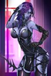  absurdres arm_support au_ra blue_hair cyberpunk dress final_fantasy final_fantasy_xiv gothic hand_in_own_hair highres horns latex latex_dress leather mechanical_parts naughty_face non-web_source piercing purple_eyes purple_hair rixas_(ff14blura) scales tail thighhighs 