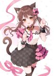  1girl :d animal_ear_fluff animal_ears bangs black_thighhighs bow brown_eyes brown_hair cat_ears cat_girl cat_tail commentary_request commission fujimiya_kotoha fukunoki_tokuwa grey_skirt hair_between_eyes hair_bow hands_up heart heart_background long_hair long_sleeves looking_at_viewer nail_polish palette_project pink_bow pink_nails plaid plaid_skirt pleated_skirt puffy_long_sleeves puffy_sleeves sample_watermark shirt single_sleeve skeb_commission skirt smile solo tail thighhighs twintails very_long_hair virtual_youtuber white_background white_shirt wrist_cuffs 