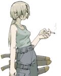 1girl chainsaw_man cigarette eyepatch grey_hair grey_tank_top highres holding holding_cigarette long_hair looking_to_the_side pantsu-ripper ponytail quanxi_(chainsaw_man) shirt_tucked_in simple_background smoke solo sword tank_top weapon weapon_on_back white_background 