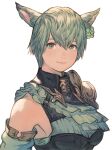  1girl absurdres animal_ears armor avatar_(ff14) bangs bodice cat_ears commentary detached_sleeves earrings final_fantasy final_fantasy_xiv from_side green_eyes green_hair high_collar highres jewelry looking_at_viewer maekakekamen miqo&#039;te pauldrons short_hair shoulder_armor simple_background single_bare_shoulder single_earring single_pauldron slit_pupils smile solo upper_body white_background 