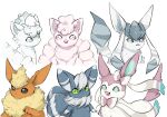  :3 :d alolan_vulpix animal_focus bright_pupils closed_mouth commentary_request flareon glaceon green_eyes grey_eyes highres meowstic meowstic_(male) oimo_kenpi open_mouth pokemon simple_background smile snom sylveon teeth white_background white_pupils 