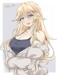  1girl black_tank_top blonde_hair blue_eyes breasts commentary_request gakky iowa_(kancolle) kantai_collection large_breasts one-hour_drawing_challenge open_mouth round_teeth solo star-shaped_pupils star_(symbol) sweater symbol-shaped_pupils tank_top teeth upper_body upper_teeth white_sweater 
