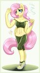  anthro blush border breasts cleavage clothed clothing cutie_mark dialogue english_text equid equine female fluttershy_(mlp) footwear friendship_is_magic green_border hasbro hi_res joakaha mammal midriff my_little_pony off_shoulder pegasus shoes solo text wings 