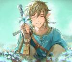  1boy blonde_hair blue_flower blue_tunic closed_eyes field fingerless_gloves flower flower_field gloves grey_gloves grey_pants grin hair_between_eyes highres holding holding_flower link male_focus medium_hair pants pointy_ears sidelocks silent_princess sitting smile solo teeth the_legend_of_zelda the_legend_of_zelda:_breath_of_the_wild twitter_username upper_body vambraces weapon weapon_on_back yurian_(user_utch8788) 