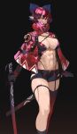  1girl abs bangs black_background black_gloves black_shorts blue_bow bow breasts cape cleavage ear_piercing eyelashes gloves hair_bow highres holding holding_sword holding_weapon katana large_breasts looking_at_viewer mole mole_under_eye muscular muscular_female navel piercing pointy_ears red_cape red_eyes red_hair sekibanki sheath sheathed short_hair short_shorts shorts simple_background single_thighhigh solo sword thighhighs thighs tomatolover16 touhou weapon 