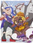  +_+ 2girls :3 bare_shoulders big_man_(splatoon) black_leggings black_socks blonde_hair blue_background blue_hair blue_shawl blush blush_stickers border breasts clothing_cutout colored_eyelashes commentary_request crop_top dark-skinned_female dark_skin earrings fangs folding_fan food food_on_head forehead frye_(splatoon) full_body gradient_hair grin hachimaki hagoromo hair_over_one_eye half-closed_eye half-closed_eyes hand_fan hands_up happy hat head_tilt headband highres holding holding_fan jewelry leggings long_hair looking_at_viewer manta_ray medium_breasts medium_hair midriff multicolored_hair multiple_earrings multiple_girls navel nejiri_hachimaki object_on_head one_eye_covered open_mouth outline outside_border pants pointy_ears puffy_pants purple_hair red_eyes red_footwear sandals sanjiro_(tenshin_anman) sarashi see-through shawl shiny shiny_clothes shirt shiver_(splatoon) skin_tight slav_squatting sleeveless sleeveless_shirt small_breasts smile socks splatoon_(series) splatoon_3 spread_legs squatting standing stomach suction_cups tabi teeth tempura tentacle_hair tentacles toeless_legwear tongue two-tone_hair uneven_eyes white_border white_headwear white_pants white_socks wide_hips yellow_eyes yellow_outline yellow_shawl yellow_shirt 