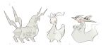  albino closed_mouth commentary_request dragapult goodra highres horns no_humans oimo_kenpi open_mouth orange_eyes pokemon pokemon_(creature) scolipede simple_background sparkle standing white_background 