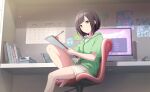 1girl barefoot book brown_eyes brown_hair calendar_(object) chair colorful_palette concentrating desk from_below highres holding holding_notebook holding_pencil indoors looking_at_object medium_hair mouse_(computer) negai_wa_itsuka_asa_o_koete_(project_sekai) notebook office_chair official_art on_chair pencil project_sekai shinonome_ena shirt sitting solo sweater white_shirt 