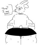  anthro big_breasts big_butt blush bodily_fluids bottomwear boxers_(clothing) breasts butt clothing female huge_breasts huge_butt ill_fitting_clothing lagomorph leporid looking_at_viewer looking_back mammal monochrome rabbit simple_background skirt solo sweat sweater sweaty_butt sweaty_legs sweaty_thighs synaheav topwear underwear 
