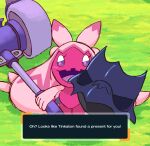  colored_skin corviknight english_text eyelashes grass hammer highres holding holding_hammer holding_weapon light_blush looking_at_viewer lun4dune pink_skin pokemon pokemon_(creature) pokemon_(game) pokemon_sv severed_head smile sparkling_eyes tinkaton weapon 