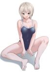  1girl aoba_moca aqua_eyes armpit_crease bang_dream! bangs bare_arms bare_legs bare_shoulders barefoot blue_one-piece_swimsuit blush breasts collarbone commentary_request covered_navel full_body grey_hair hair_between_eyes highres knee_up large_breasts looking_at_viewer open_mouth ptal school_swimsuit shadow short_hair simple_background sitting smile soles solo spread_legs swimsuit v_arms white_background 