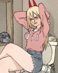  1girl arms_behind_back bathroom blonde_hair bra_strap breasts chainsaw_man cross-shaped_pupils crossed_legs cutoffs demon_horns denim denim_shorts hair_between_eyes horns indoors long_hair looking_to_the_side medium_breasts meme on_toilet orange_eyes pantsu-ripper pink_sweater power_(chainsaw_man) red_horns sharp_teeth shorts sitting solo sweater symbol-shaped_pupils teeth toilet 