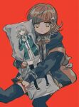  1girl :o backpack bag bangs black_jacket brown_hair collared_shirt dakimakura_(object) danganronpa_(series) danganronpa_2:_goodbye_despair dress_shirt frown galaga hair_ornament highres holding holding_pillow jacket kara_aren long_sleeves medium_hair nanami_chiaki neck_ribbon object_hug open_clothes open_jacket pillow pillow_hug pink_ribbon red_background ribbon shiny shiny_hair shirt simple_background solo thighhighs two-tone_shirt 