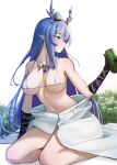  1girl absurdres arknights beer_can bikini blue_eyes blue_hair breasts can detached_collar earrings heineken highres horns jewelry large_breasts ling_(arknights) long_hair meihina micro_bikini navel partially_undressed pointy_ears sitting smile swimsuit too_many yokozuwari 