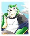  anthro beverage canid canine canis domestic_dog drinking eyebrows fur green_body green_fur kami469m lifewonders live-a-hero male mammal mokdai soda solo straw thick_eyebrows video_games 