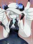  1girl abyssal_ship akino_shuu aqua_necktie black_dress blue_eyes character_name colored_skin dress gradient gradient_background hat kantai_collection long_hair necktie pale_skin prototype_aircraft_carrier_princess solo twitter_username white_hair white_headwear white_skin 