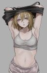  1girl armpits arms_up blonde_hair blue_eyes bra breasts collarbone eyeshadow highres looking_at_viewer makeup mole mole_under_eye navel original red_eyeshadow ribs shorts simple_background tabao underwear undressing 