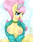  &lt;3 anthro big_breasts breasts choker clothed clothing crown equid equine female fluttershy_(mlp) friendship_is_magic hasbro hi_res jewelry joakaha looking_at_viewer mammal my_little_pony necklace nipples open_clothing open_mouth open_shirt open_smile open_topwear pegasus shirt smile solo tiara topwear wings 