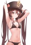  1girl absurdres armpits arms_behind_head arms_up bangs bikini black_bikini black_headwear blush breasts brown_hair closed_mouth danyo_(chung0226) flower flower-shaped_pupils genshin_impact hair_between_eyes hair_flowing_over hat hat_flower highres hu_tao_(genshin_impact) long_hair looking_at_viewer navel revision simple_background small_breasts solo stomach swimsuit symbol-shaped_pupils upper_body very_long_hair white_background 
