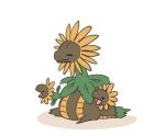  black_eyes closed_eyes closed_mouth commentary_request extra_heads flower full_body hydreigon leaf oimo_kenpi open_mouth pokemon simple_background sitting sunflower white_background 