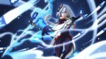  1girl absurdres arm_behind_back bangs black_bodysuit bodysuit commentary_request detached_sleeves genshin_impact grey_eyes grey_hair hair_ornament hair_over_one_eye highres holding holding_paper long_hair looking_away nopparuj_got ofuda paper polearm shenhe_(genshin_impact) sidelocks solo spear stand_(jojo) weapon wind 