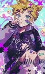  1boy 25-ji_night_code_de._(project_sekai) absurdres aqua_eyes bandaid bandaid_on_knee bandaid_on_leg black_hoodie blonde_hair commentary decora emoji highres hood hoodie kagamine_len keeta knees_up long_sleeves looking_at_viewer male_focus negai_wa_itsuka_asa_o_koete_(project_sekai) official_alternate_costume project_sekai solo symbol-only_commentary unicorn vocaloid yami_kawaii 